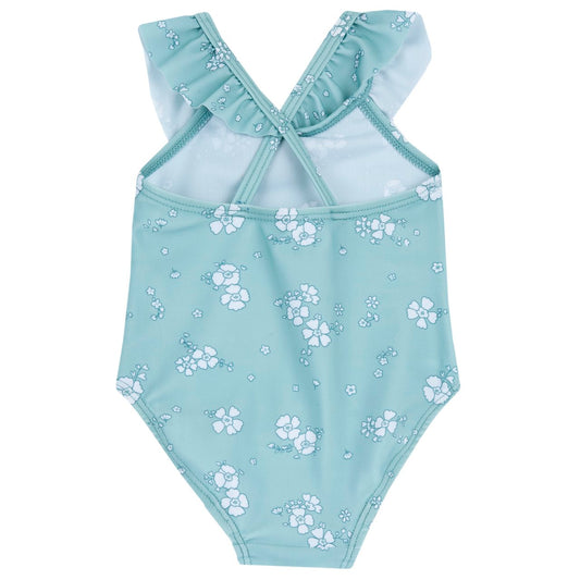 Chicco Costume Intero con Volat Verde Marino con Fiori Bianchi