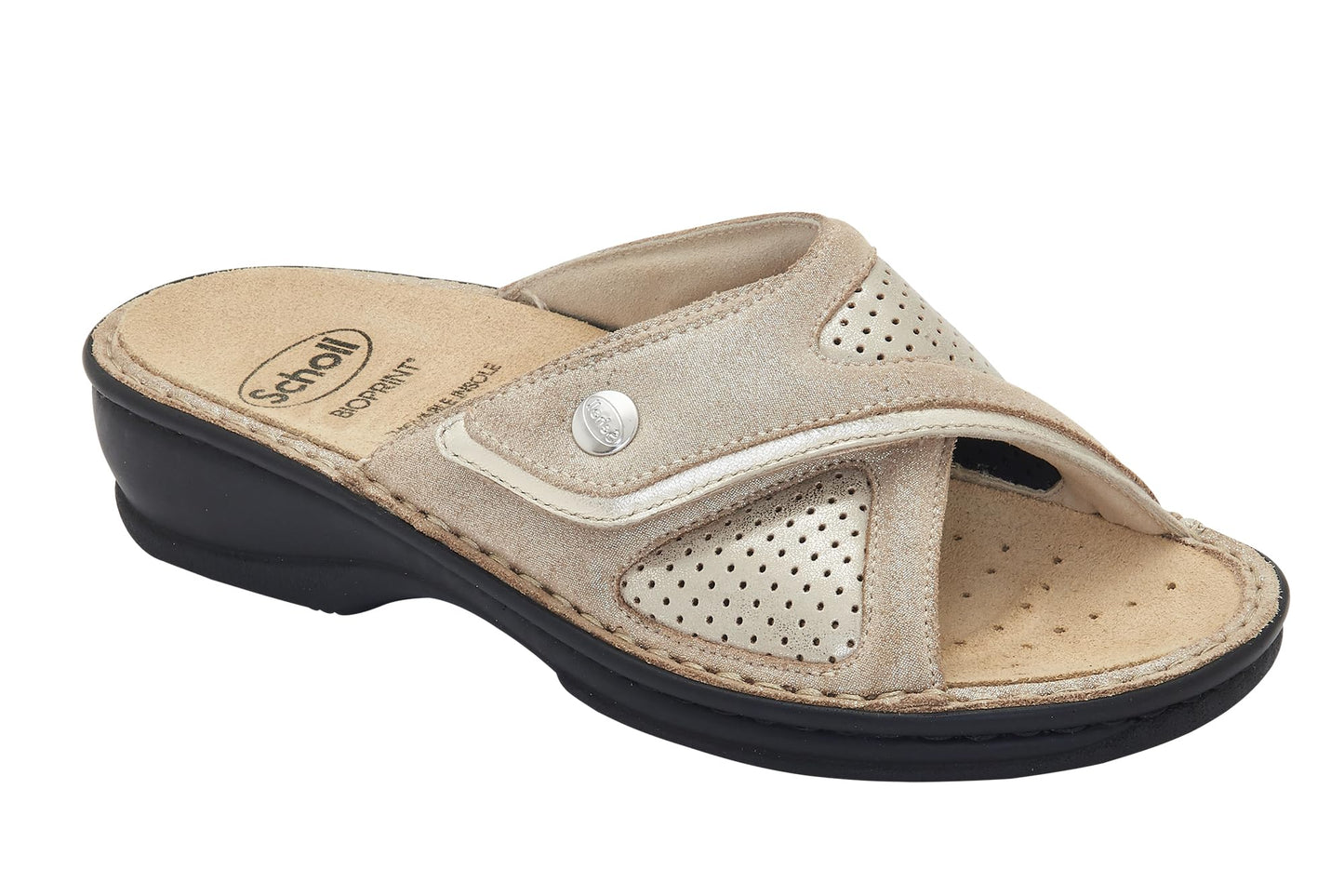 Scholl ciabatte platino WANDA in pelle con plantare estraibile BioPrint