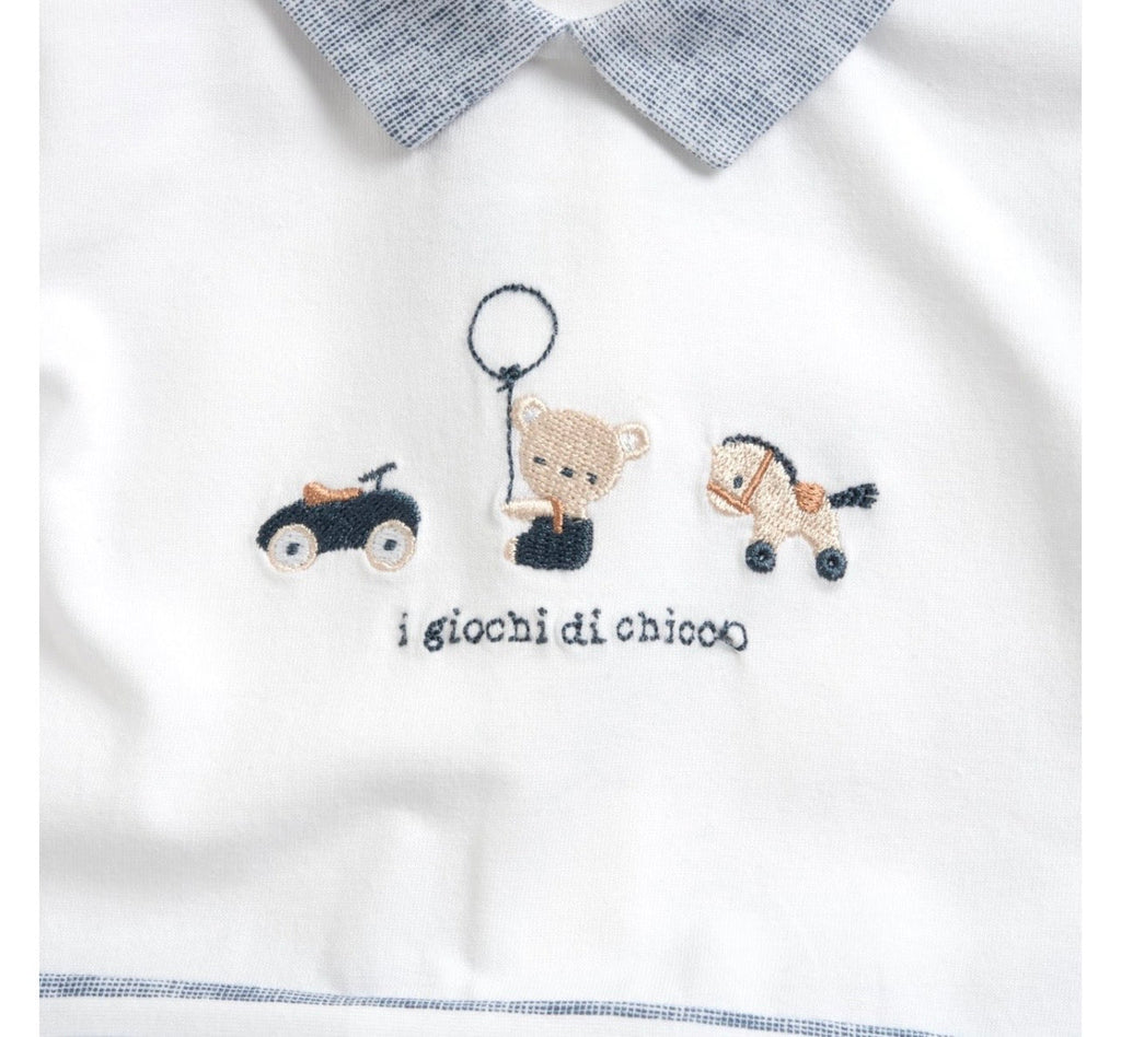 Tutina Chicco Neonato con Ricami a pupazzi Bianca e Blu a Righe