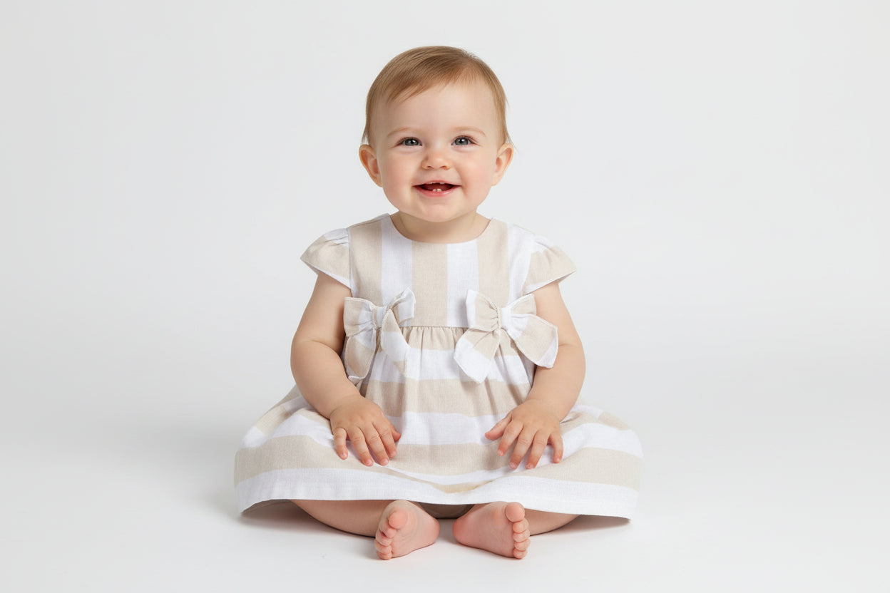 Chicco Completo vestito con culotte in tessuto misto lino rigato