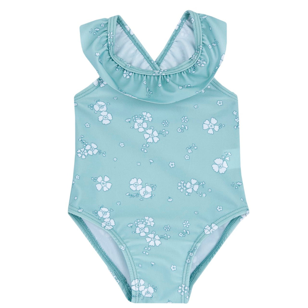 Chicco Costume Intero con Volat Verde Marino con Fiori Bianchi