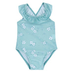 Chicco Costume Intero con Volat Verde Marino con Fiori Bianchi