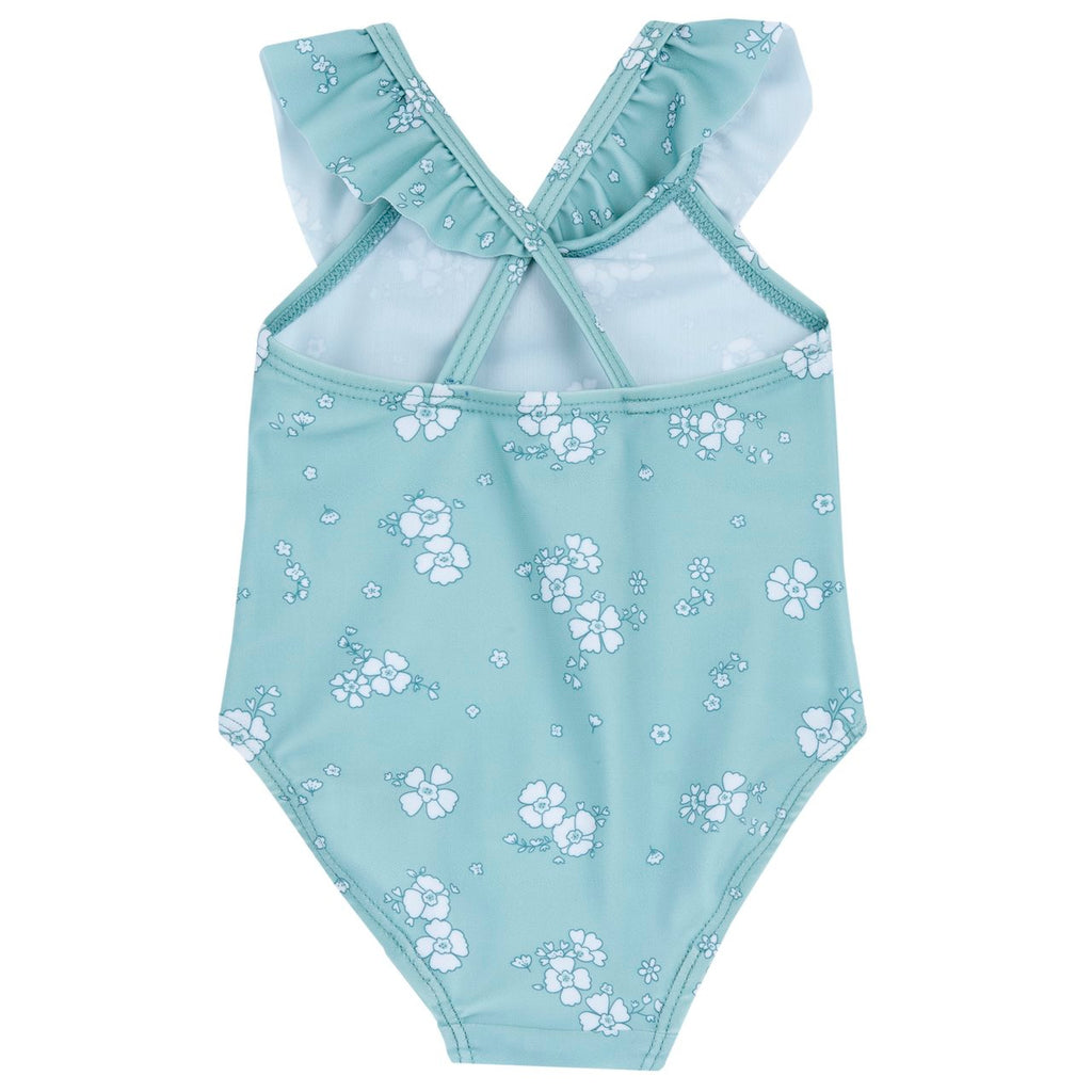 Chicco Costume Intero con Volat Verde Marino con Fiori Bianchi