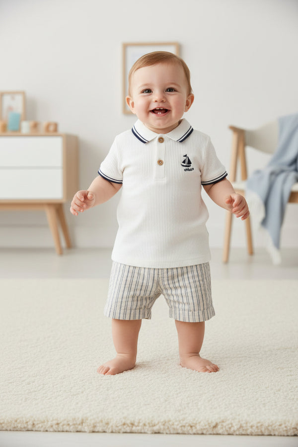 Chicco Completo Polo e Bermuda Bambino Bianco con Righe Blu