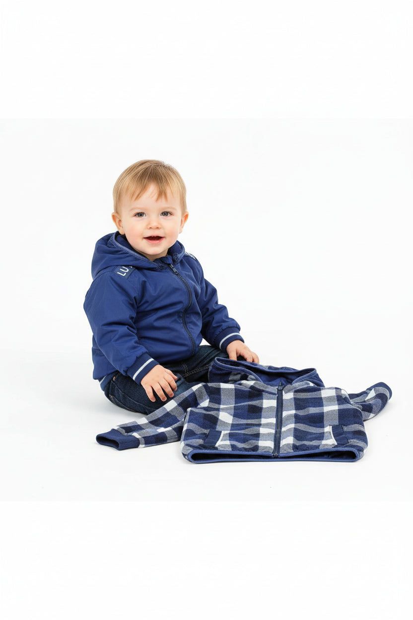 Luglio Giubbino con Cappuccio Bambino Blu Antivento Double Face