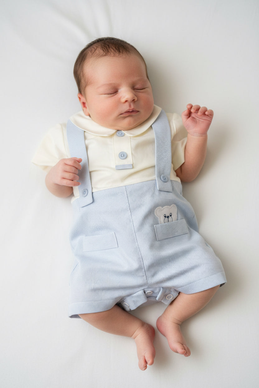 Pagliaccetto Elegante Neonato Camicia e Pantaloncini a Righe con Bretelle