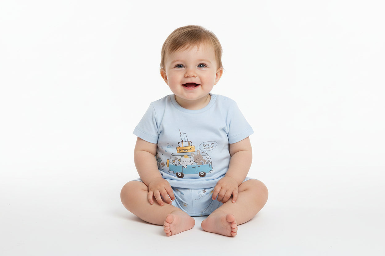 Chicco Completo Neonato 2 Pezzi T-Shirt Camper e Pantaloncini Azzurri