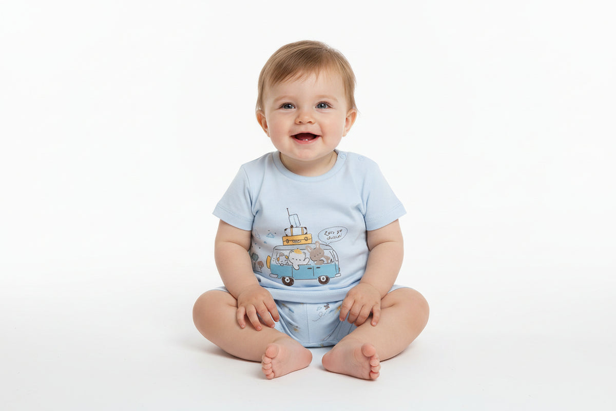 Chicco Completo Neonato 2 Pezzi T-Shirt Camper e Pantaloncini Azzurri