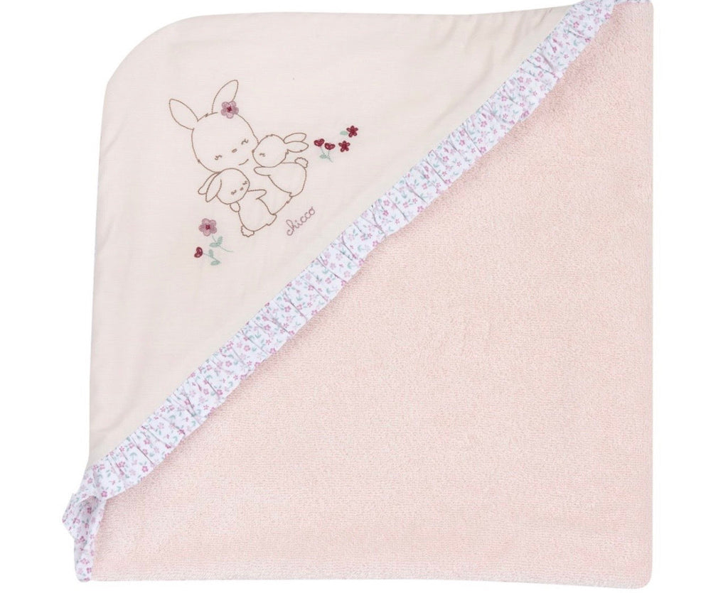 Chicco Quadrato Neonata con Cappuccio - Ricamo Coniglietti Rosa