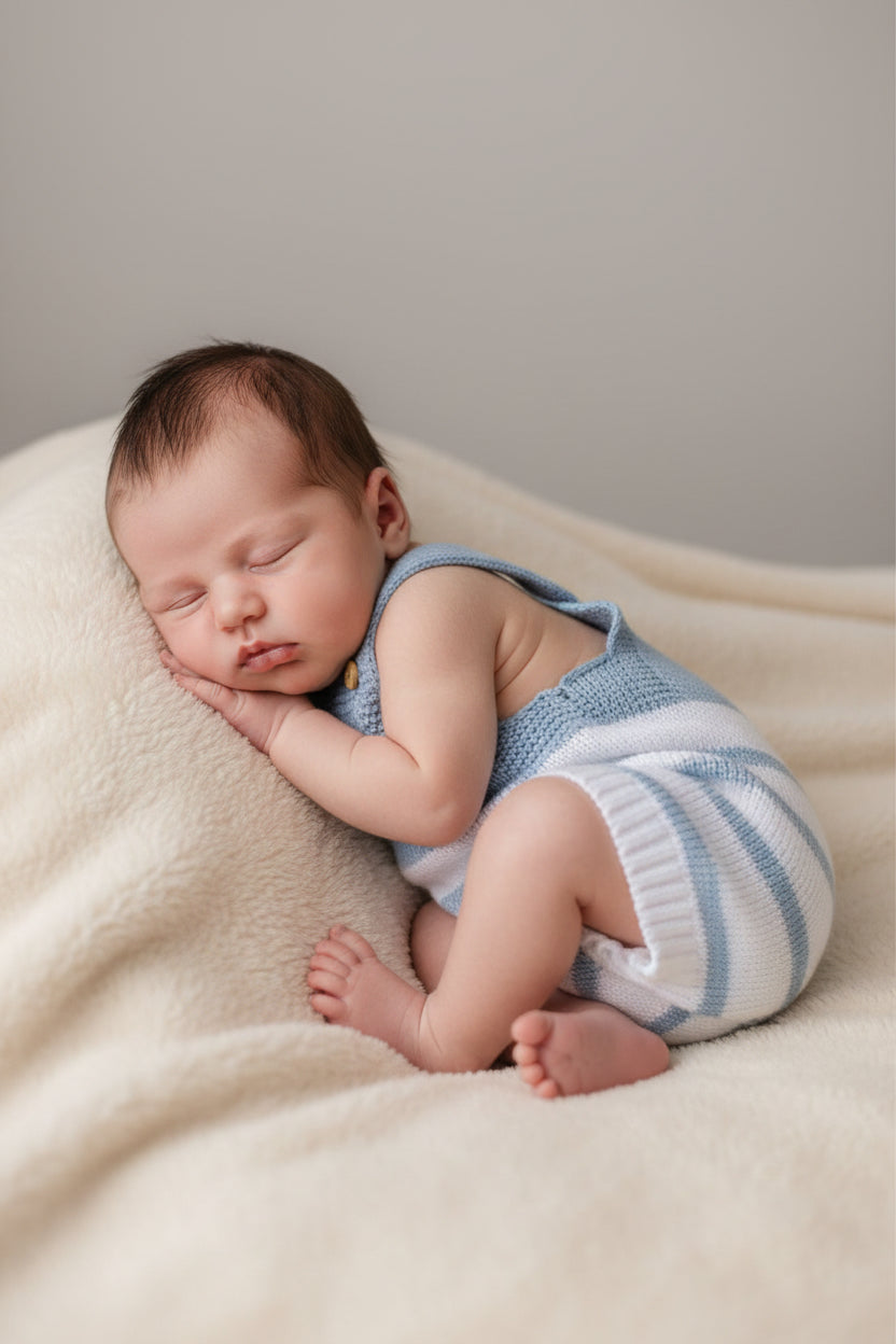 Chicco Salopette Neonato in Maglia a Righe Azzurre e Bianche con Bretelle