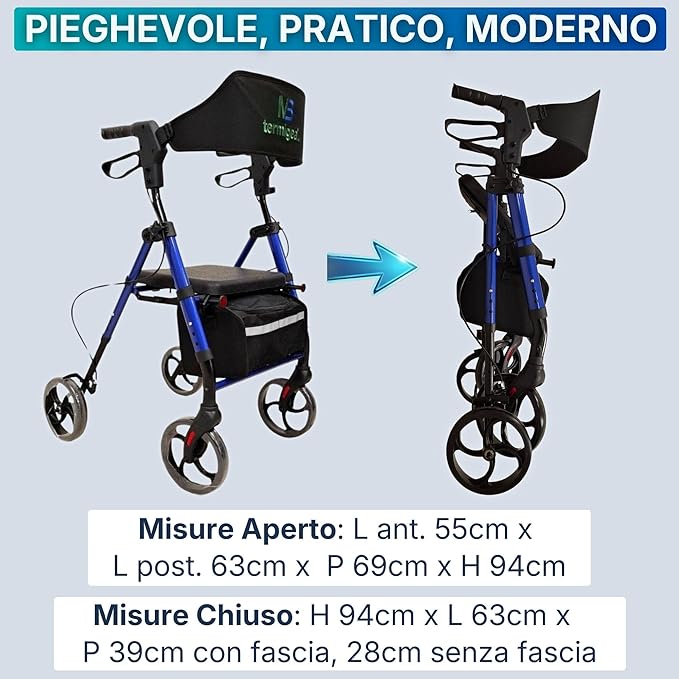 Termigea Rollator Pieghevole 4 Ruote con Sedile Imbottito