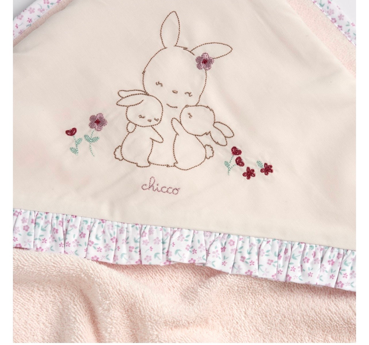 Chicco Quadrato Neonata con Cappuccio - Ricamo Coniglietti Rosa