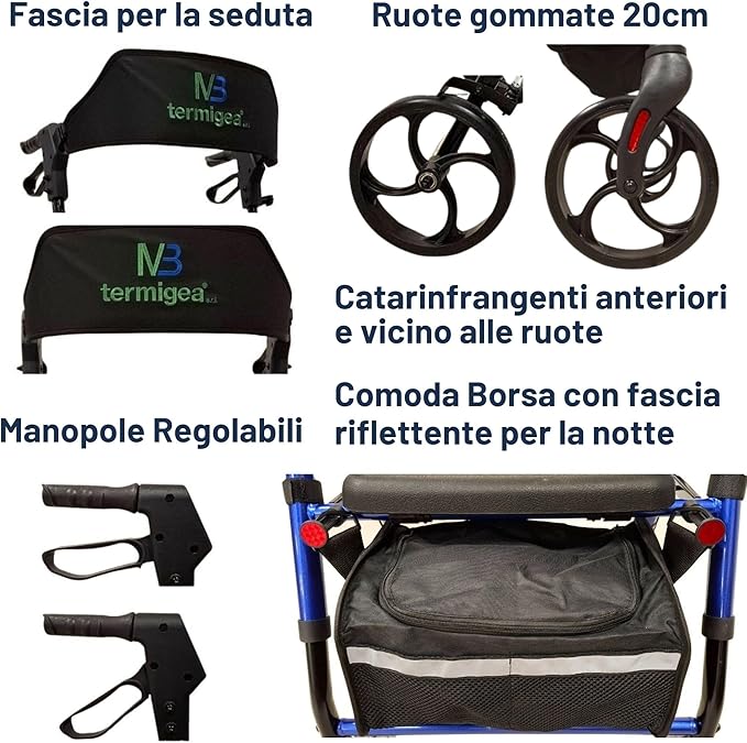 Termigea Rollator Pieghevole 4 Ruote con Sedile Imbottito