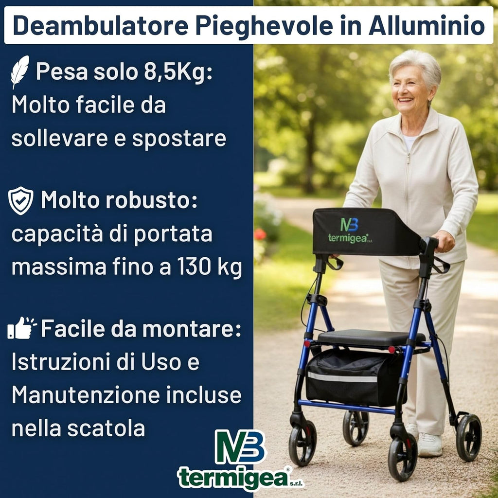 Termigea Rollator Pieghevole 4 Ruote con Sedile Imbottito