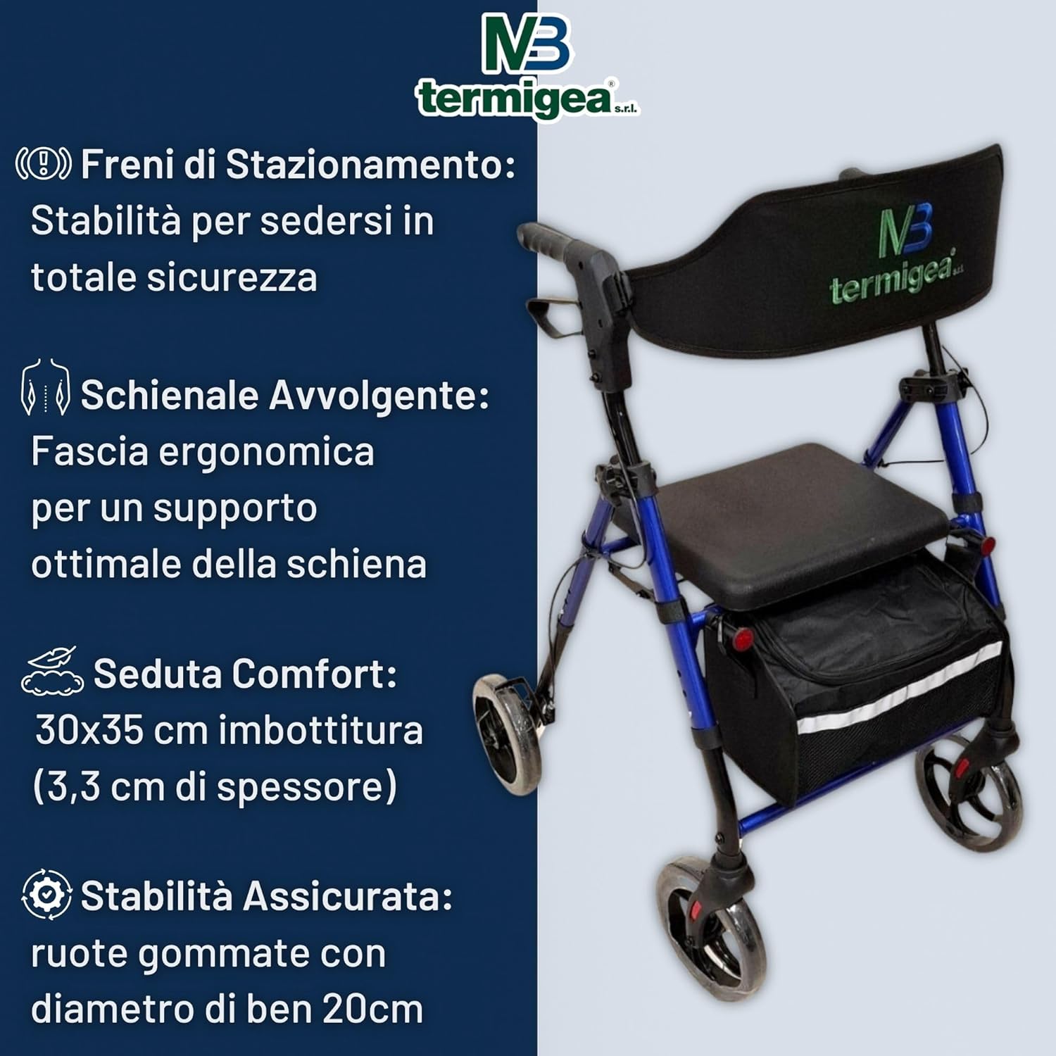 Termigea Rollator Pieghevole 4 Ruote con Sedile Imbottito