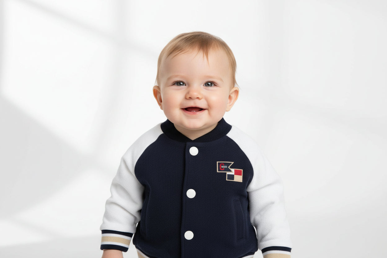 Giacca Bomber Neonato Blu Navy con Maniche Bianche