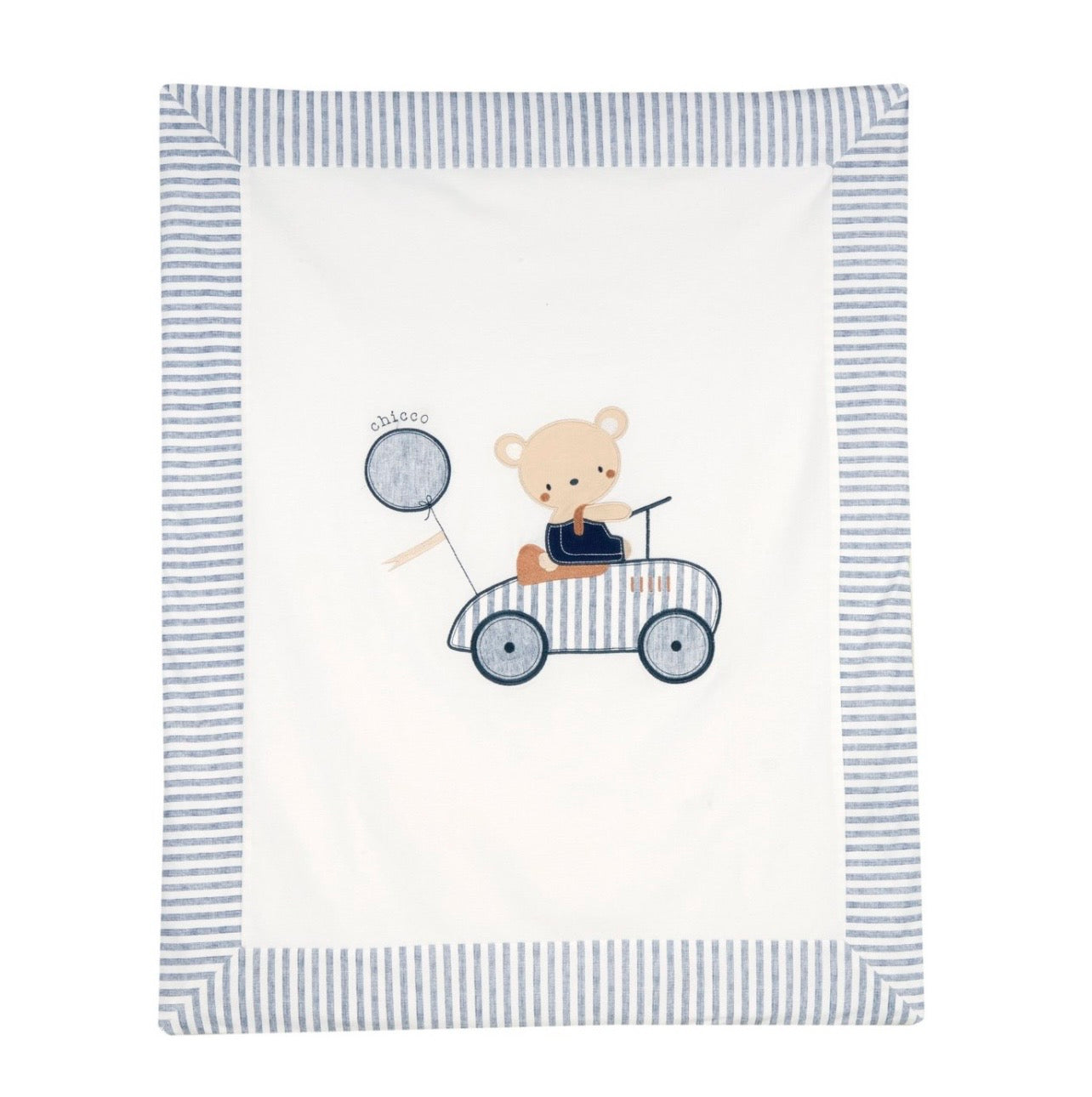 Copertina Chicco Neonato con Ricamo Orsetto - Bianca e Blu a Righe