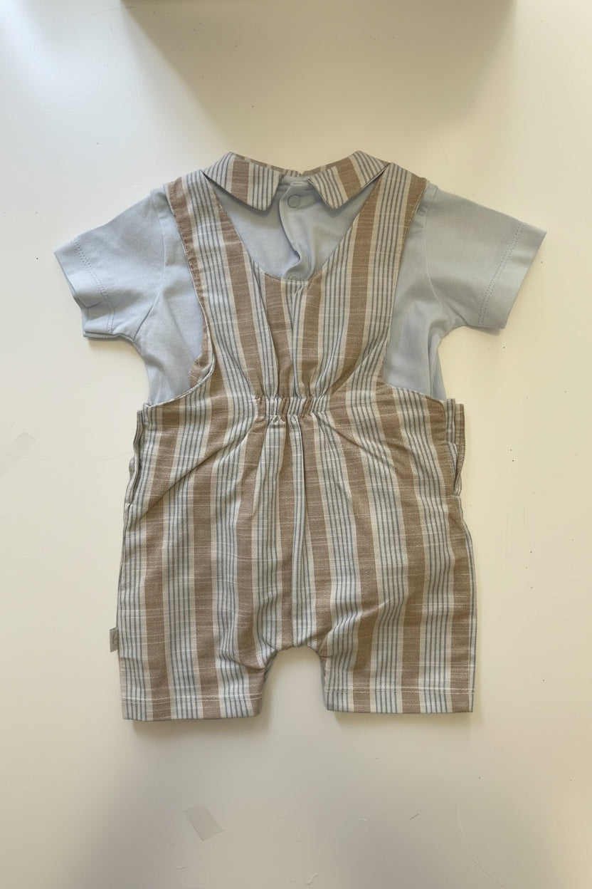 Completo Neonato Salopette a Righe con Maglietta Azzurra Outfit Estivo Elegante