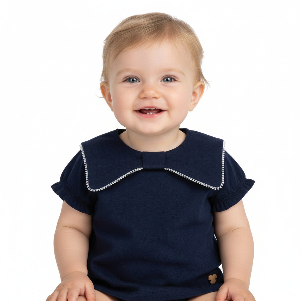 Chicco Maglietta Bimba Blu Navy con Collo Claudine e Maniche a Volant
