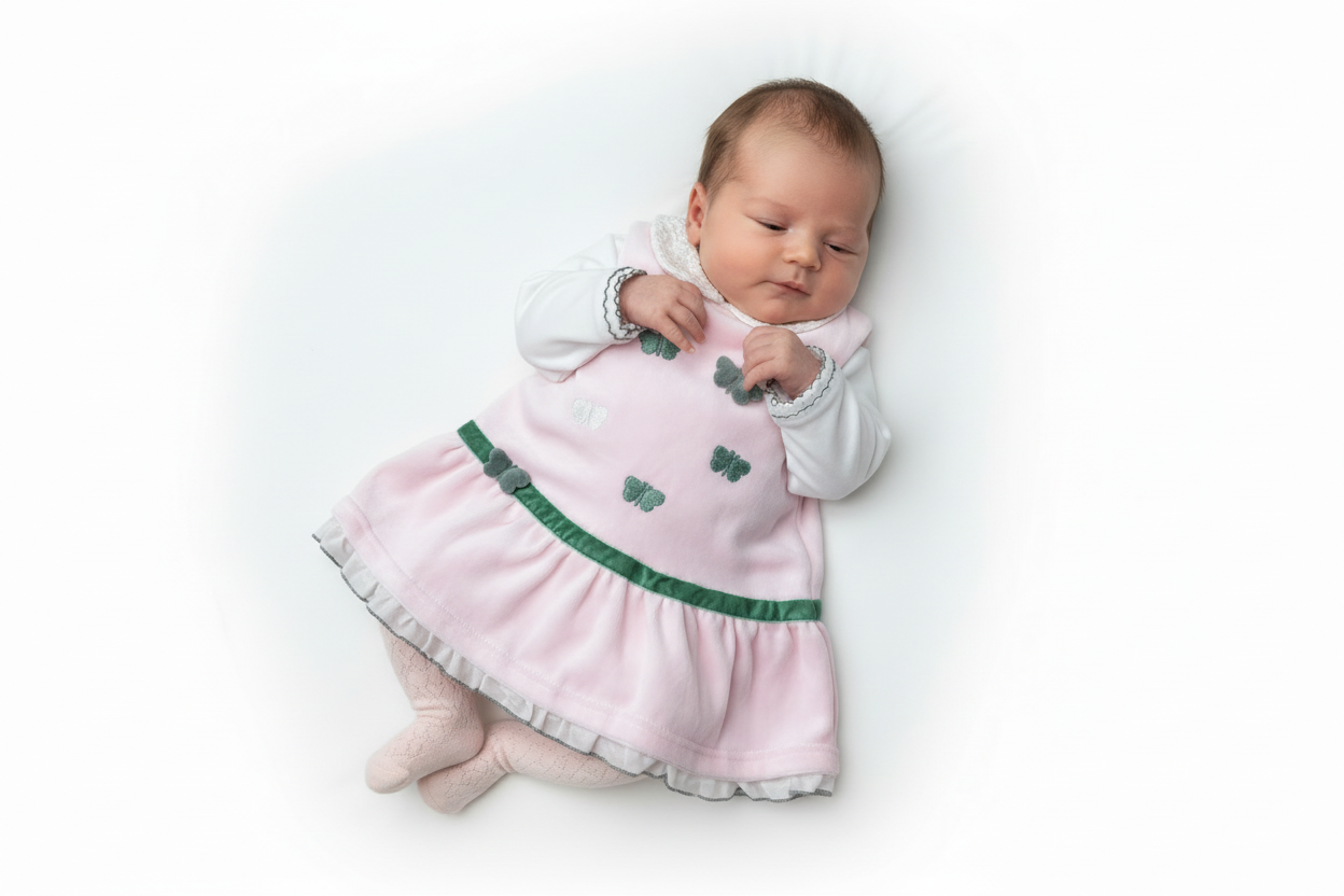 Neonata che indossa vestina ciniglia rosa Luglio