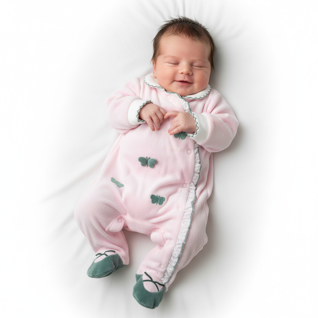 Neonata che indossa tutina ciniglia rosa Luglio