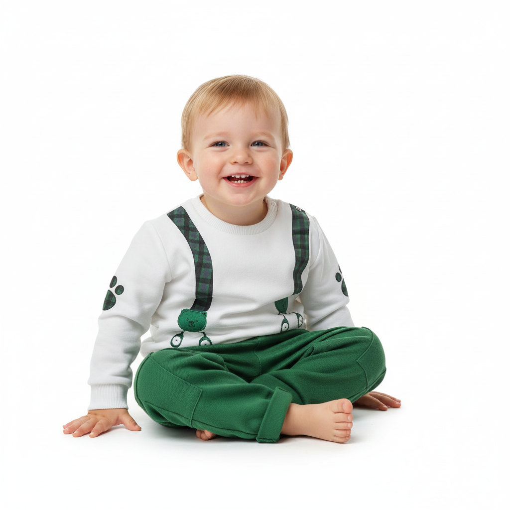 Bambino che indossa completo felpato verde Luglio