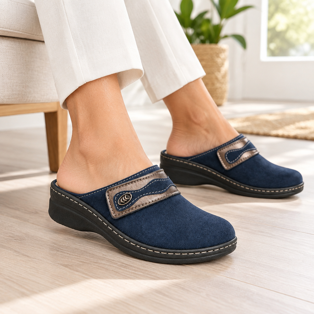 Pantofola da donna blu elasticizzata antiscivolo
